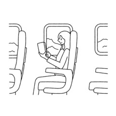 電車　新幹線で本を読む女性　イラスト　読書　旅行	