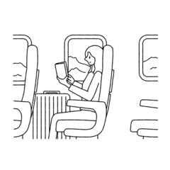 電車　新幹線で本を読む女性　イラスト　読書　旅行	