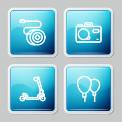Set line Yoyo toy, Photo camera, Roller scooter and Balloons icon. Vector