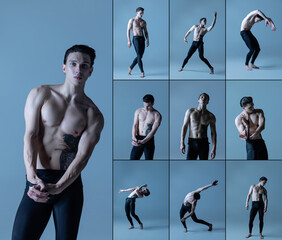 Set of images of young artistic man, flexible male contemp dancer dancing isolated on old navy studio background. Art, motion, flexibility