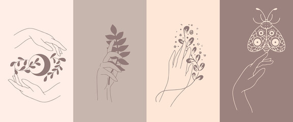 Fototapeta premium A set of female hand emblems in a minimalistic linear style. Gestures of hands holding a branch with leaves. For cosmetics design, beauty studio