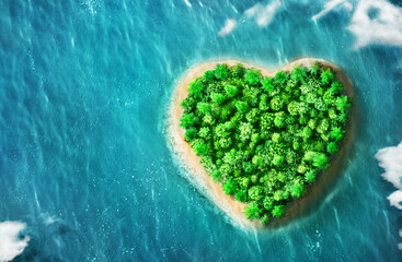 Eco concept. Tropical island in form of a heart  in a water. 3d illustration.