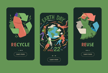 Obraz premium Landing page for smartphone about a sustainable way. Earth Day. Eco-friendly environment. Doodle vector illustration.