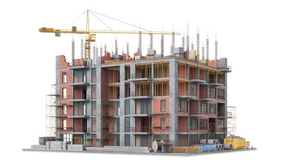 Building under construction on white background. 3d illustration