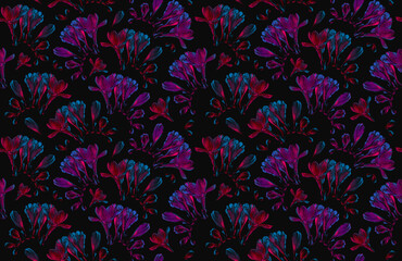 Freesia flowers seamless pattern illustration, pink and blue neon colors on dark background