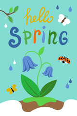 Fototapeta na wymiar hello spring. illustration with a spring flower and butterflies. the first flowers of spring. doodle lettering. vector poster.