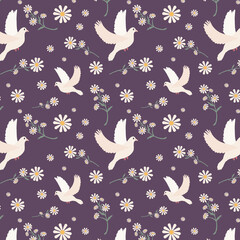 Fototapeta na wymiar Bright seamless pattern with white doves and flowers on violet background. Hand drawn ornament