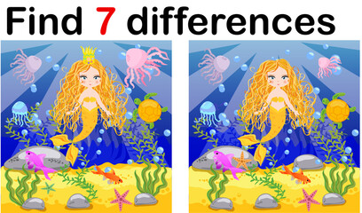 Game for children: find differences, little mermaid and sea world