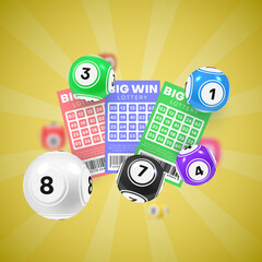 Lottery bingo banner realistic vector illustration. Lotto game balls and cards with lucky numbers