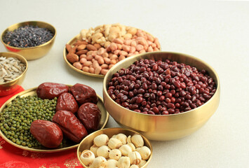 Raw Ingredients Making Laba Porridge, Chinese Traditional Congee Served at Laba Festival.