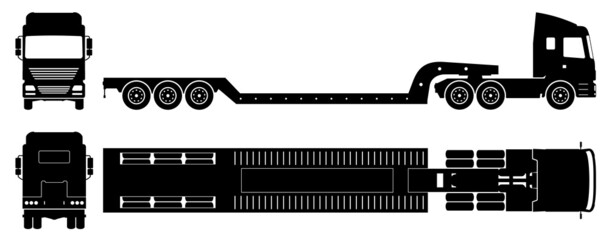 Lowboy trailer truck silhouette on white background. Vehicle monochrome icons set view from side, front, back, and top © Yuri Schmidt
