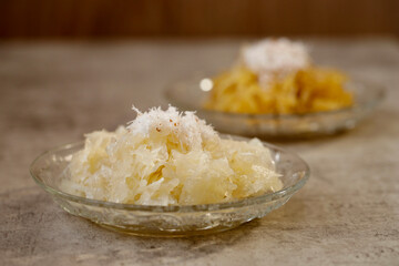 Sawut is a typical Indonesian food made from grated cassava, palm sugar, pandan leaves
