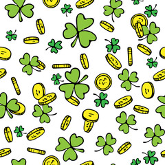 Seamless pattern with gold coins and green lucky shamrock or clover leaves for St Patricks Day