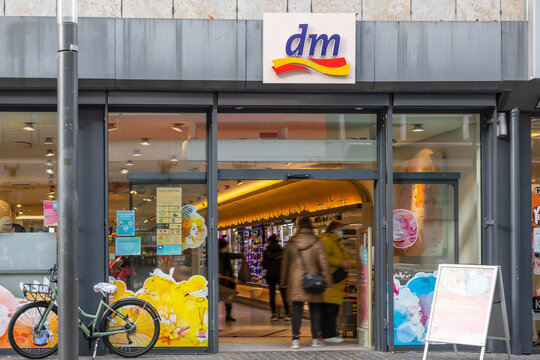 Koblenz, Germany - January 13, 2022: entrance of the local dm store. dm is a chain of retail stores offering cosmetics, healthcare items, household products and health food and drinks.