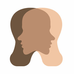 Two overlapping man faces with different color of skin ooking through each other Psychological concept vector illustration. Flat style