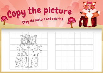 copy the picture kids game and coloring page with a cute fox using valentine costume