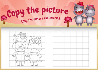 copy the picture kids game and coloring page with a cute hippo using valentine costume