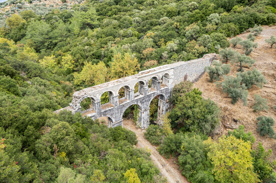 Ruins of ancient Pollio aqueduct bringe in Izmir Province. Turkey
