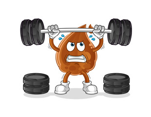 chocolate drop lifting the barbell character. cartoon mascot vector