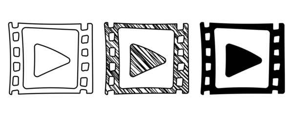 Set of hand-drawn vector movie tape with play sign in doodle cartoon style