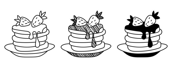 Set of hand-drawn vector pancakes on a plate with strawberries in a doodle cartoon style. Pancake day / Shrove Tuesday