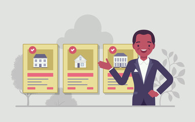 Online estate male agent, property expert consultant. Live portal to track viewings, offers, customer service app, digital marketing for selling, buying, renting house, apartment. Vector illustration