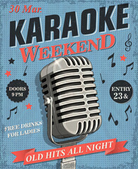 Karaoke vintage poster with microphone on the grunge background. 