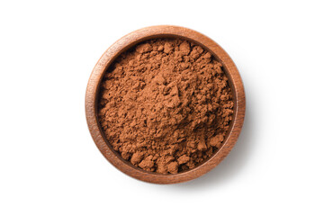 Top view of Cocoa powder in wooden bowl isolated on white background. Clipping path