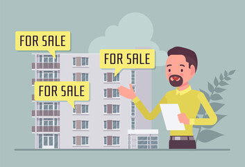 Estate agent, property expert consultant selling block of flats house. Male realtor presenting offer, apartments for sale in modern multi storey commercial, residential building. Vector illustration