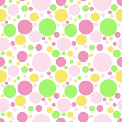 Seamless repeat pattern, colorful polka dots. Pink, green and yellow round shapes, circles. Playful design with spring and summer feeling. Isolated on white background. Jpg illustration.