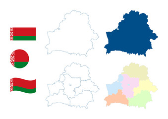 Belarus map. Detailed blue outline and silhouette. Administrative divisions and oblasts. Country flag. Set of vector maps. All isolated on white background. Template for design and infographics.