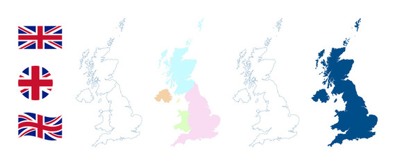 United Kingdom map. Detailed blue outline and silhouette. The four countries of the United Kingdom. England, Scotland, Wales, Northern Ireland and Isle of Man. Country flag. Set of vector maps.