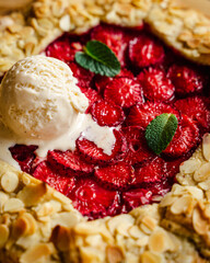 Galette pie cake with strawberry and ice cream spring brunch dessert ideas. top view. food flat lay. homemade backing