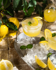 Italian typical digestive limoncello with fresh lemons on metall try with ice, selective focus, sunny light, summer party ideas