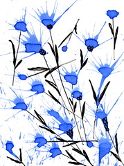 Hand drawing floral pattern of abstract cornflower on white background. Ink and watercolor painting. Abstract blue flowers with black leaves on white. Botanical art for textile, card, interior.