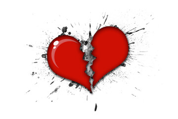 Broken heart with black blood stains on a white background. Bloody heart symbol of unrequited love or heart disease and heart attack