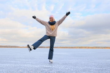 A young woman is happy that she is skating
