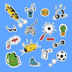 A set of stickers for a teenager's lifestyle. Doodle style. Vector graphics.
