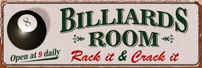 Vintage Billiards metal sign.Retro poster 1950s style. - obrazy, fototapety, plakaty