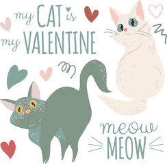 Cute set with funny cats, hearts and Valentine day lettering. Decorative style. Isolated cartoon illustration, for stickers, cards, posters, patterns