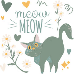Cute set with funny cat, flowers meow lettering. Decorative style. Isolated children's cartoon illustration, for stickers, nursery posters, patterns