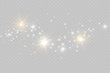 The dust sparks and golden stars shine with special light. Vector sparkles on a transparent background. Christmas light effect. Sparkling magical dust particles.