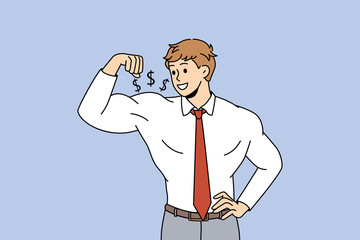 Leadership authority and strength concept. Young smiling businessman in white shirt standing and showing strong biceps meaning business success and financial profit vector illustration 