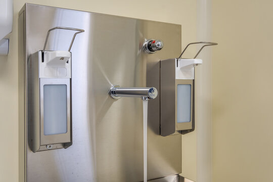 Elbow Soap And Antiseptic Dispenser Or Sanitizer Wall Mounted For Hand Disinfection And Water Tap Sink With Faucet Bathroom Or Clinic