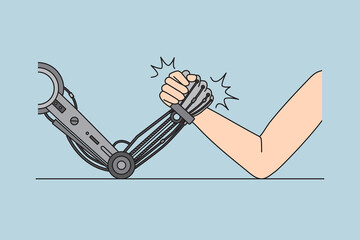 Artificial technologies and competition concept. Hands of human and robot competing in strength power fighting technologies against humans vector illustration 