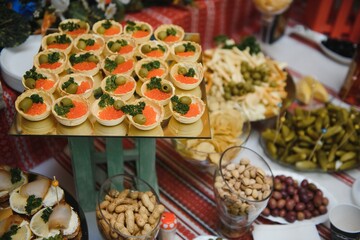 various dessert with fresh fruit on buffet line, sweet