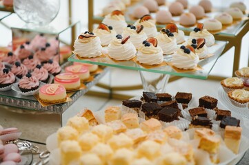 various dessert with fresh fruit on buffet line, sweet