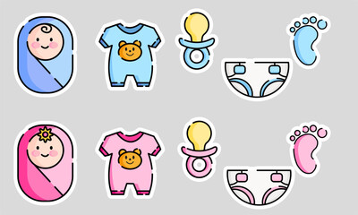 set of icons, stickers newborns, pregnancy, boy, girl, pink, blue
