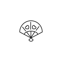 Outline monochrome symbol drawn in flat style with thin line. Editable stroke. Line icon of Japanese fan with hearts