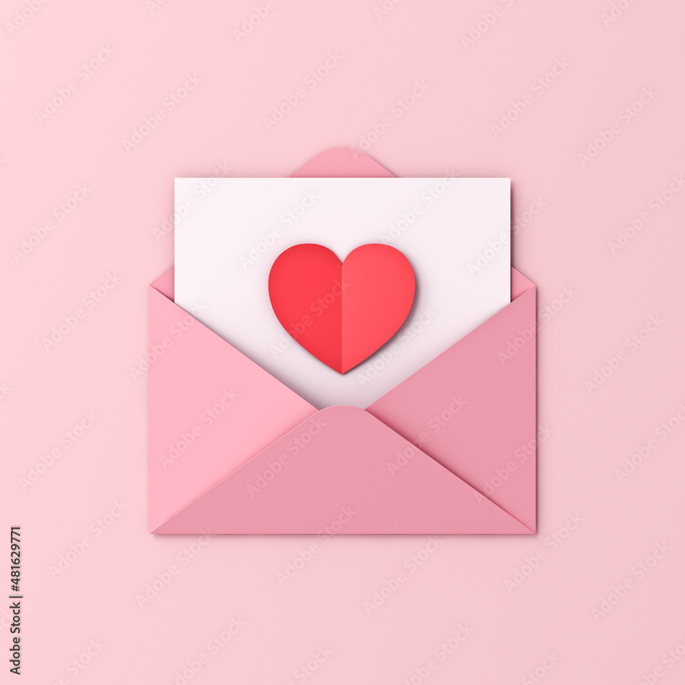 Poster love letter red heart origami on white paper in pink envelope isolated on pink pastel color backgrou